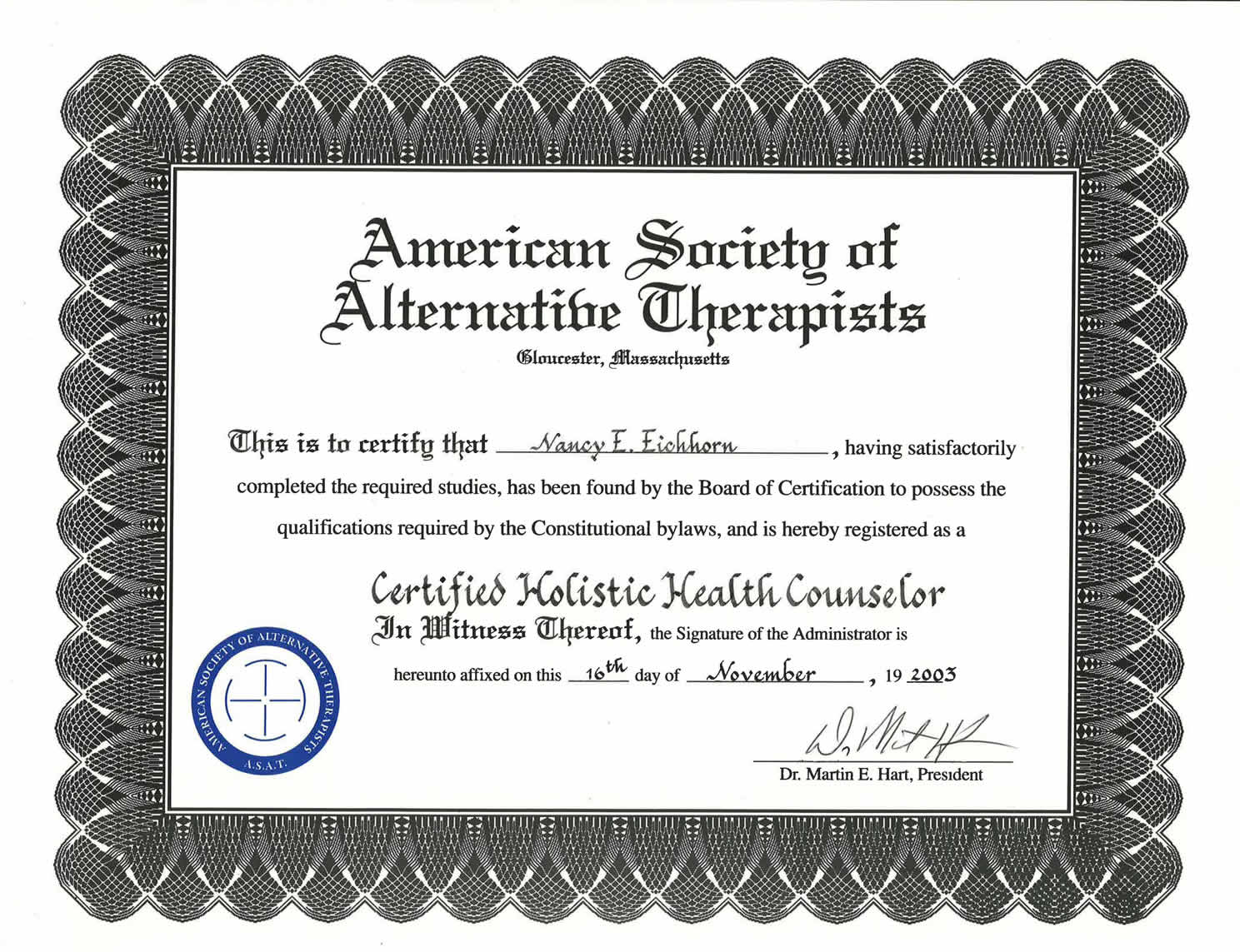 ASAT certified holistic counselor